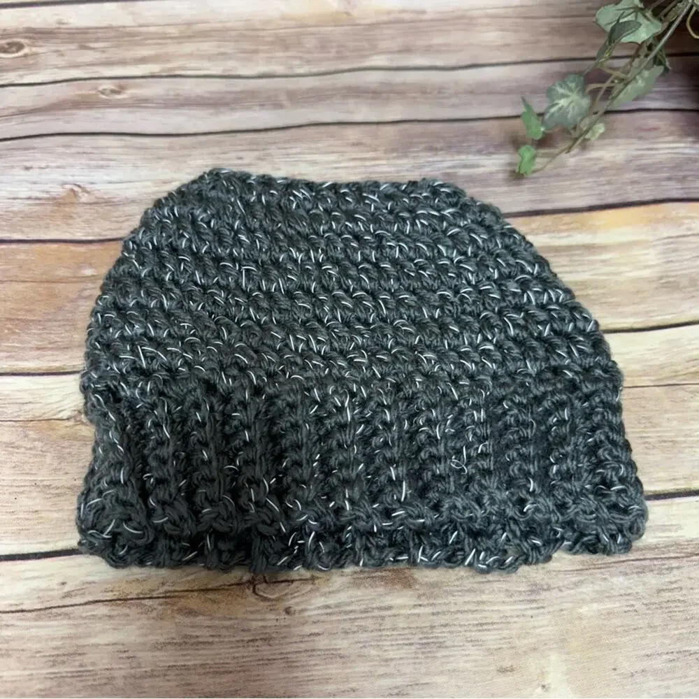 Chunky Gray Knit Messy Bun Beanie, Reflective threading.